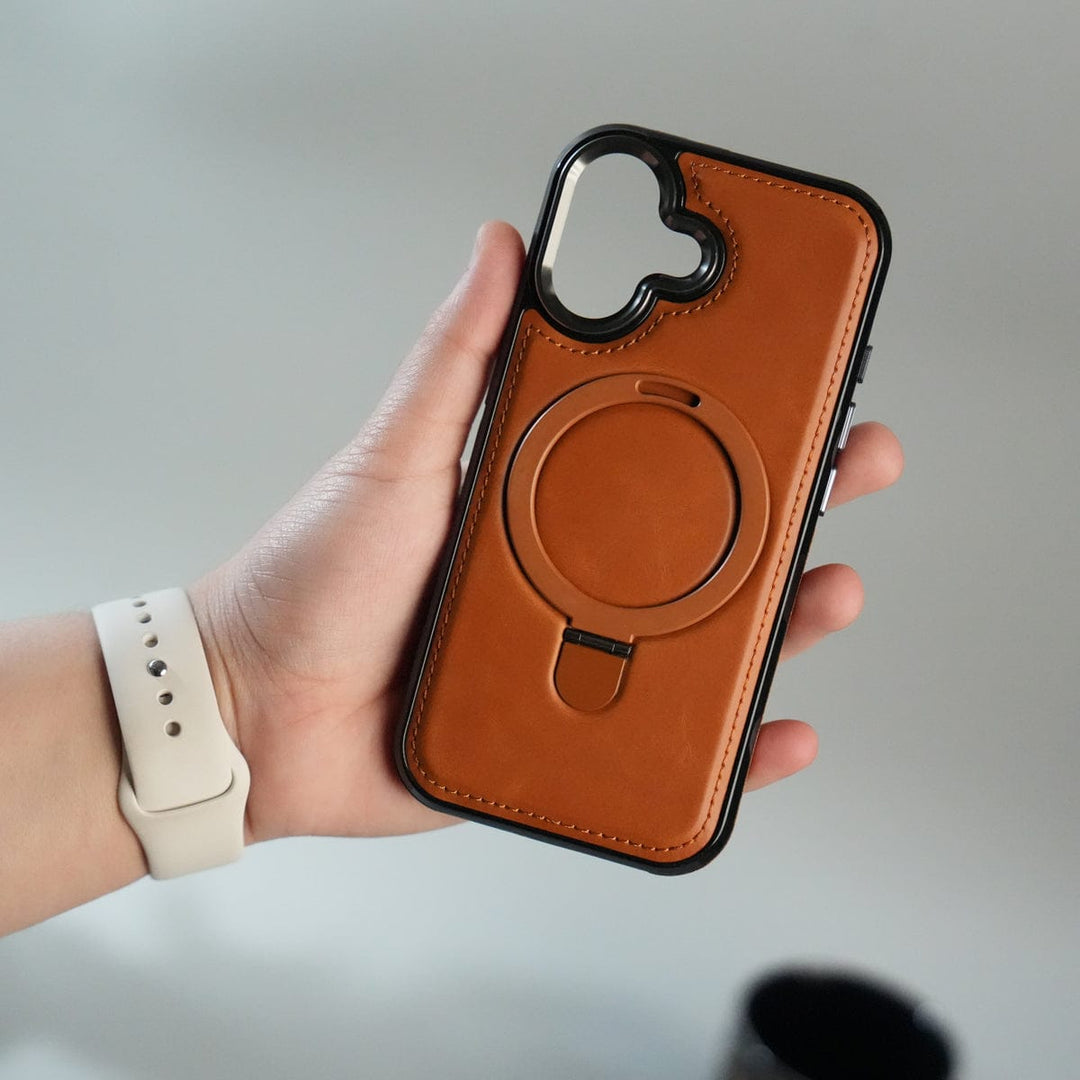 FRATO iPhone 17 Series Light Brown iPhone 17 Premium PU Leather Case with Metal Kickstand | Metal Camera Bump | Luxury Shockproof Back Cover