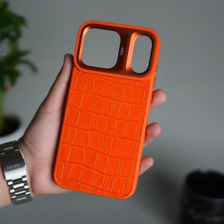 FRATO iPhone 17 Series Orane Croc iPhone 17 Pro Max Crocodile Leather Pattern Case | Premium Luxury Back Cover with Metal Camera Frame