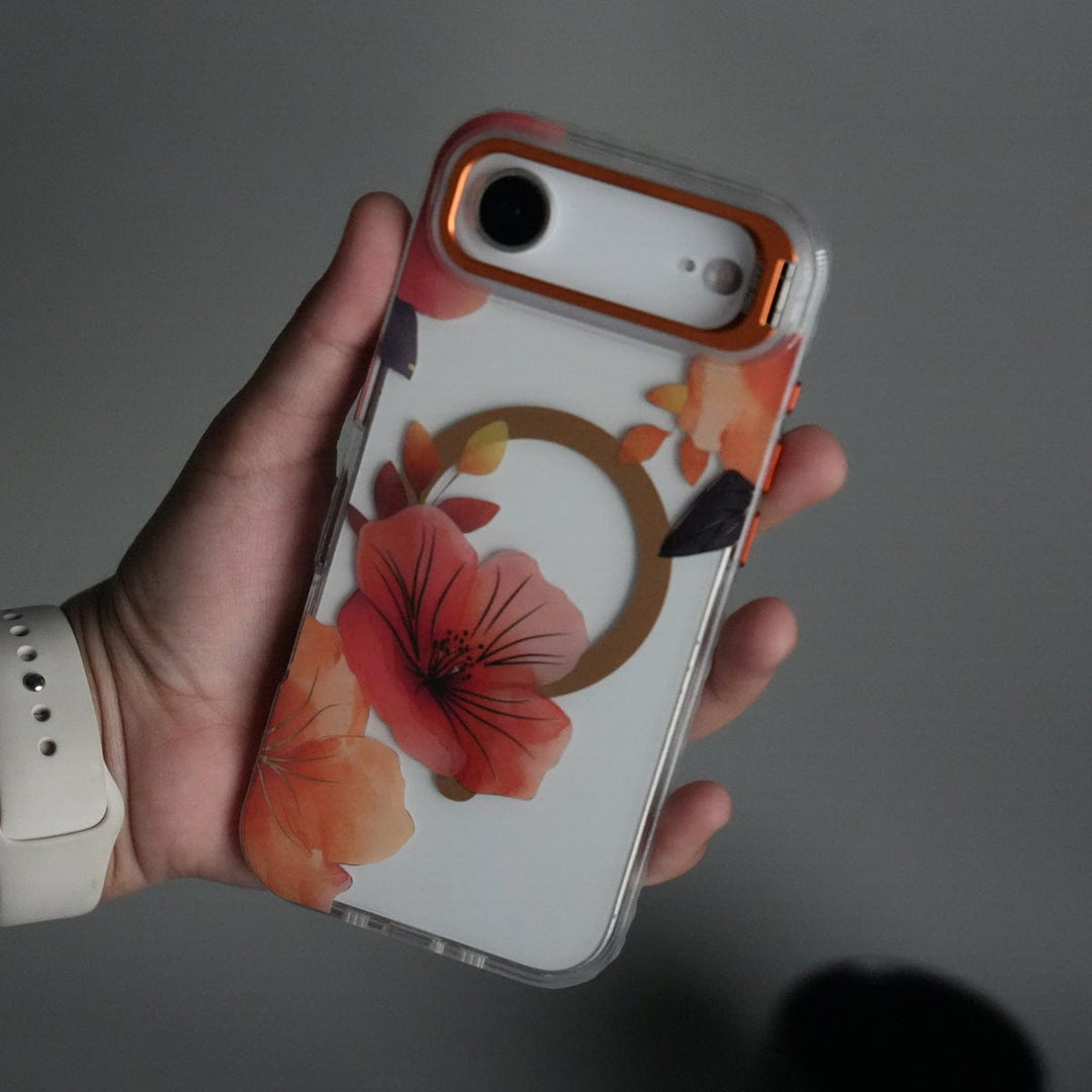 FRATO iPhone 17 Series Orange iPhone 17 Air FloraCrystal Clear Floral Design Case with Color Metal Camera Stand Frame