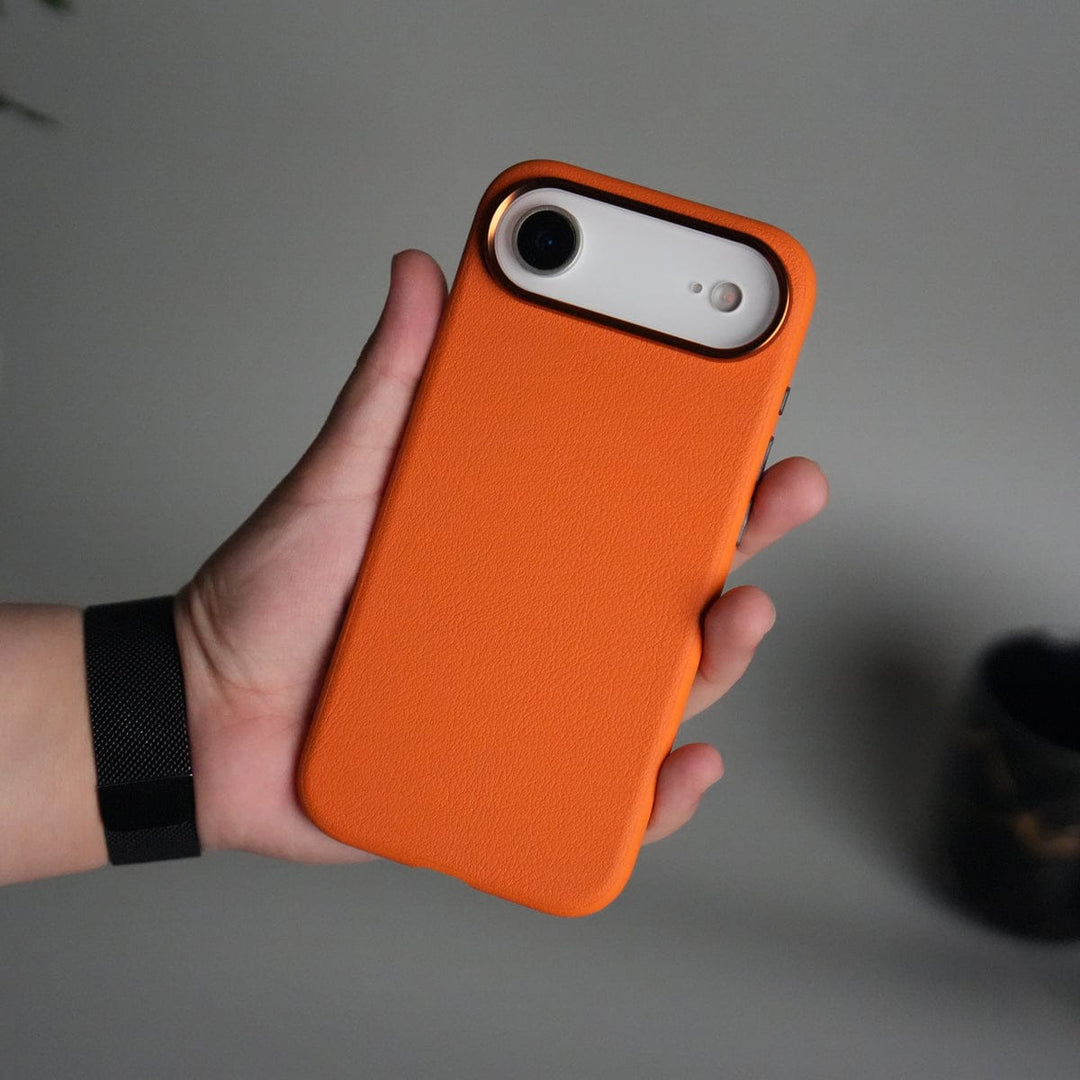 FRATO iPhone 17 Series Orange iPhone 17 Air Leather Texture Design PVC Case With Metal Camera Bump