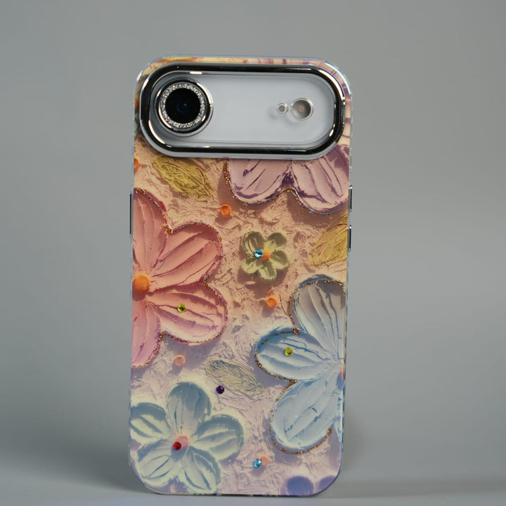 FRATO iPhone 17 Series Orange iPhone 17 Air Luxury 3D Oil Painting Floral Design Glitter Lens Protection Stand Cover