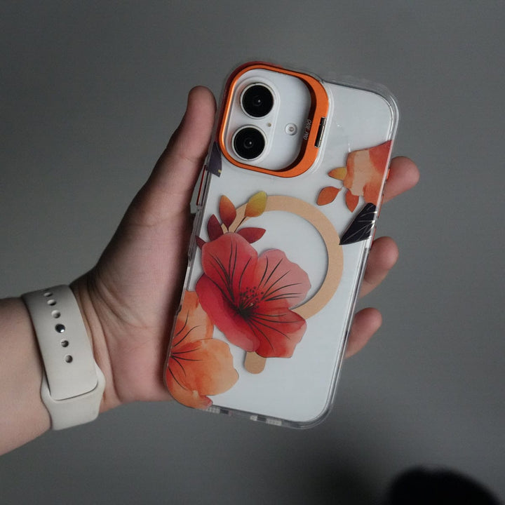 FRATO iPhone 17 Series Orange iPhone 17 FloraCrystal Clear Floral Design Case with Color Metal Camera Stand Frame