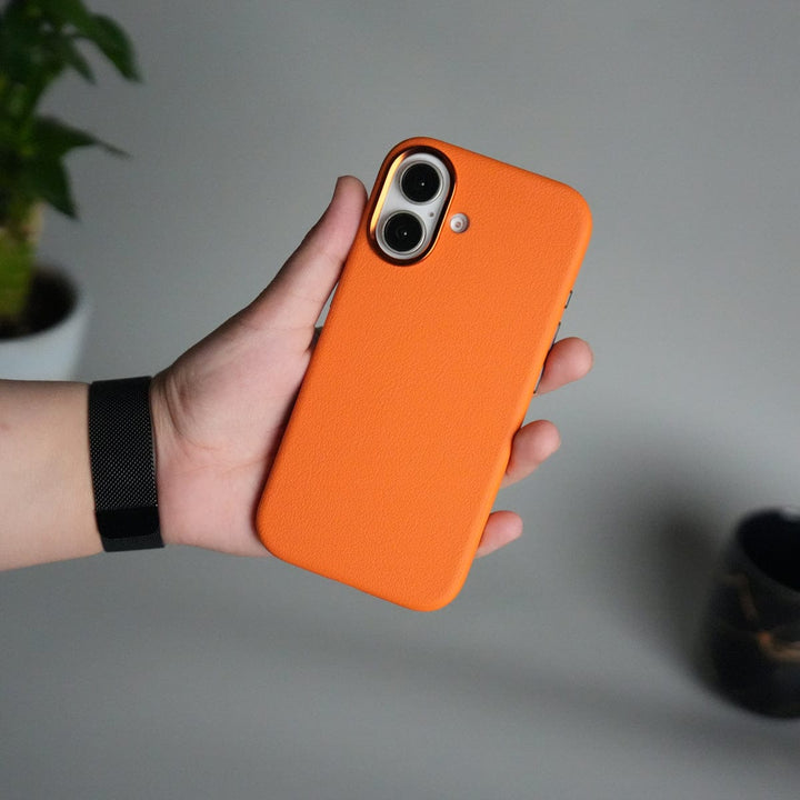 FRATO iPhone 17 Series Orange iPhone 17 Leather Texture Design PVC Case With Metal Camera Bump