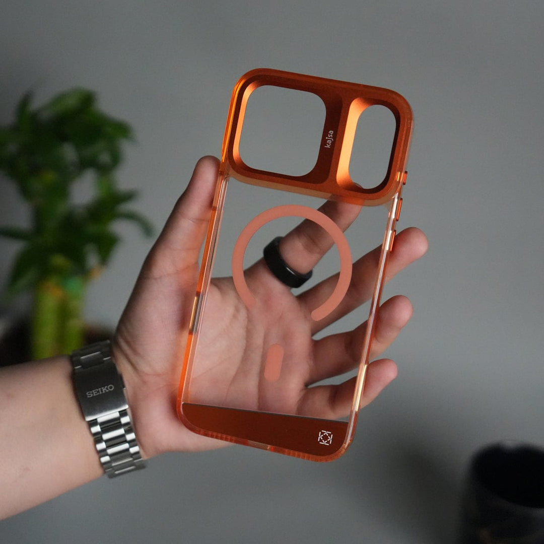 FRATO iPhone 17 Series Orange iPhone 17 Pro Max Clear MagSafe Case | Aluminum Metal Camera Frame | Shockproof Transparent Back Cover