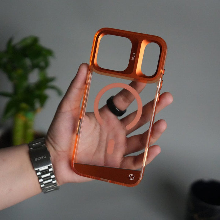 FRATO iPhone 17 Series Orange iPhone 17 Pro Max Clear MagSafe Case | Aluminum Metal Camera Frame | Shockproof Transparent Back Cover