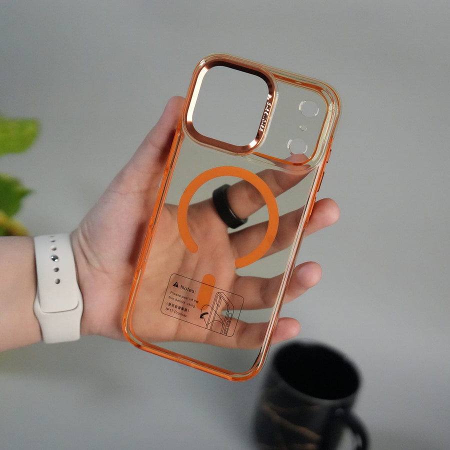 FRATO iPhone 17 Series Orange iPhone 17 Pro Max Crystal Clear Anti-Yellow Case with MagSafe & Metal Camera Bumper