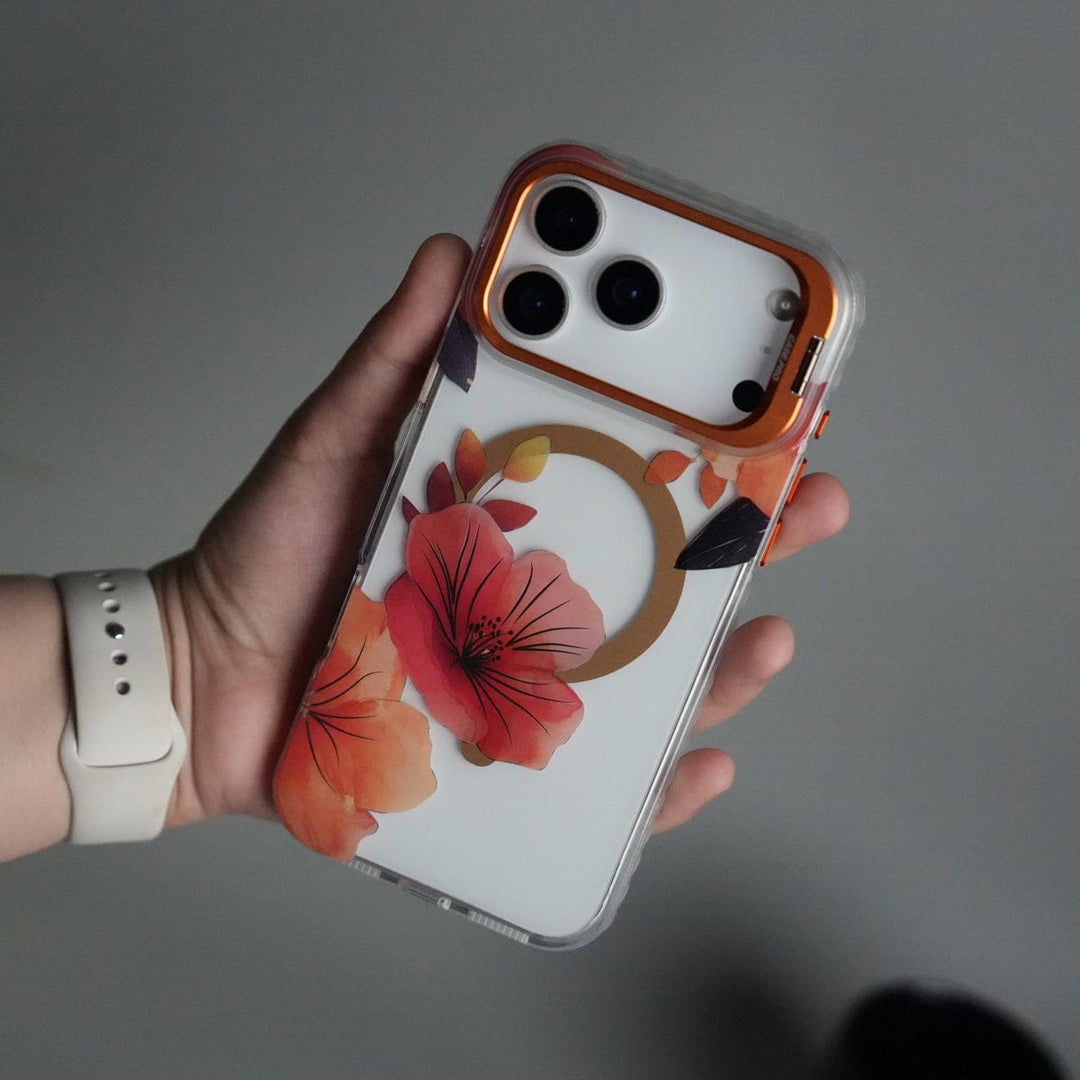 FRATO iPhone 17 Series Orange iPhone 17 Pro Max FloraCrystal Clear Floral Design Case with Color Metal Camera Stand Frame