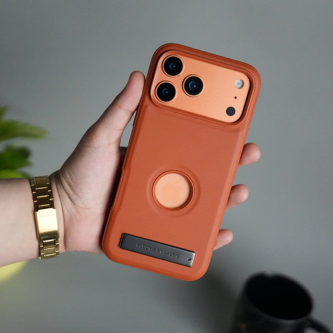 FRATO iPhone 17 Series Orange iPhone 17 Pro Max Full PU Leather Inbuilt Metal Stand Case Cover