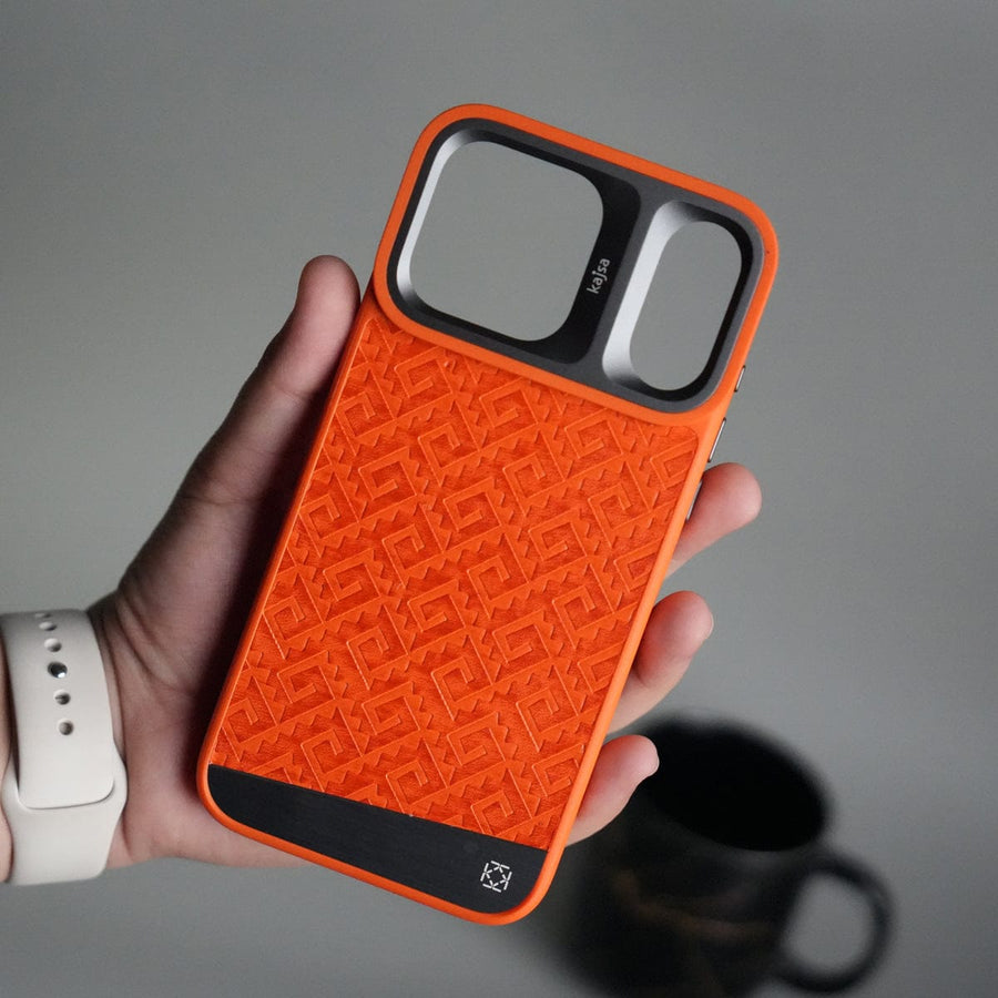FRATO iPhone 17 Series Orange iPhone 17 Pro Max GeoMaze Pattern Leather Case | Premium Luxury Back Cover with Metal Camera Frame