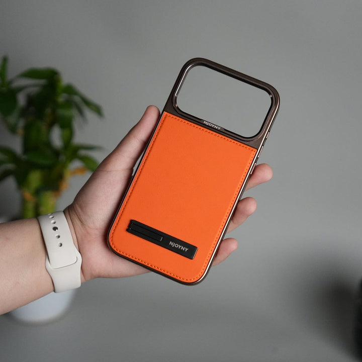 FRATO iPhone 17 Series Orange iPhone 17 Pro Max Leather Mate Chrome Plated Kick Stand Case Cover