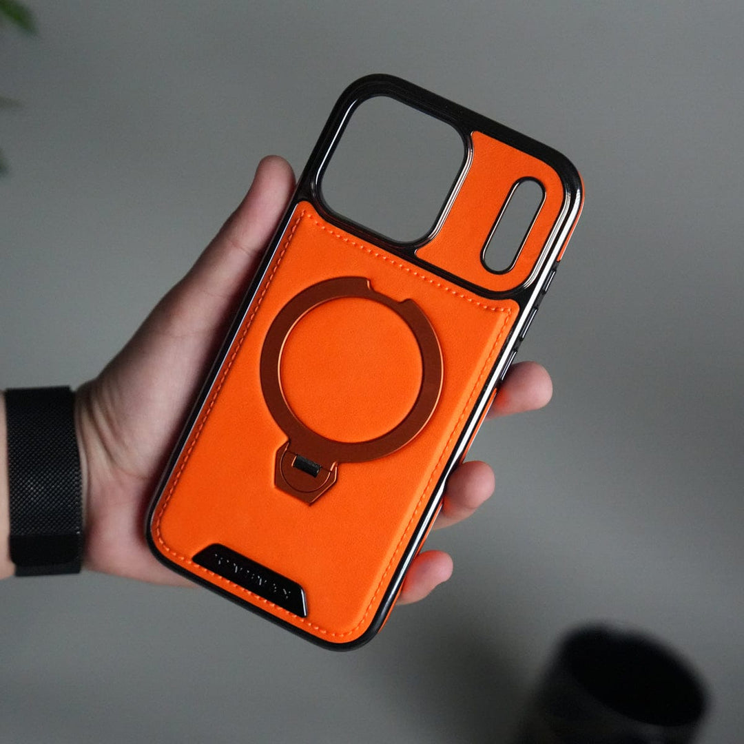 FRATO iPhone 17 Series Orange iPhone 17 Pro Max Luxury Leather Magnetic Ring Case | Metal Kickstand Cover with Chrome Frame