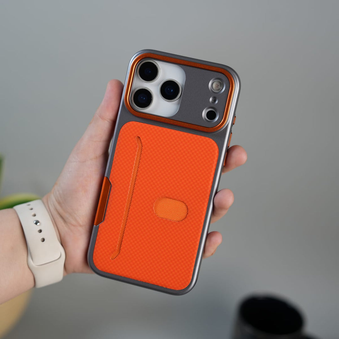 FRATO iPhone 17 Series Orange iPhone 17 Pro Max Metalic Grip Case with Camera Protection | MagSafe Supported Card Holder Back Cover