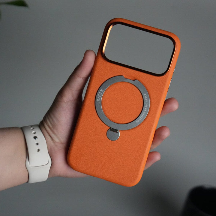 FRATO iPhone 17 Series Orange iPhone 17 Pro Max Premium Leather Kickstand Case | Metal Ring Stand | Shockproof Back Cover