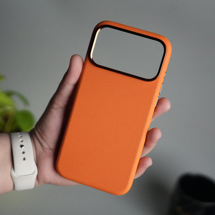 FRATO iPhone 17 Series Orange iPhone 17 Pro Max PU Leather Case with Metal Camera Frame &amp; Built-in MagSafe Back Cover