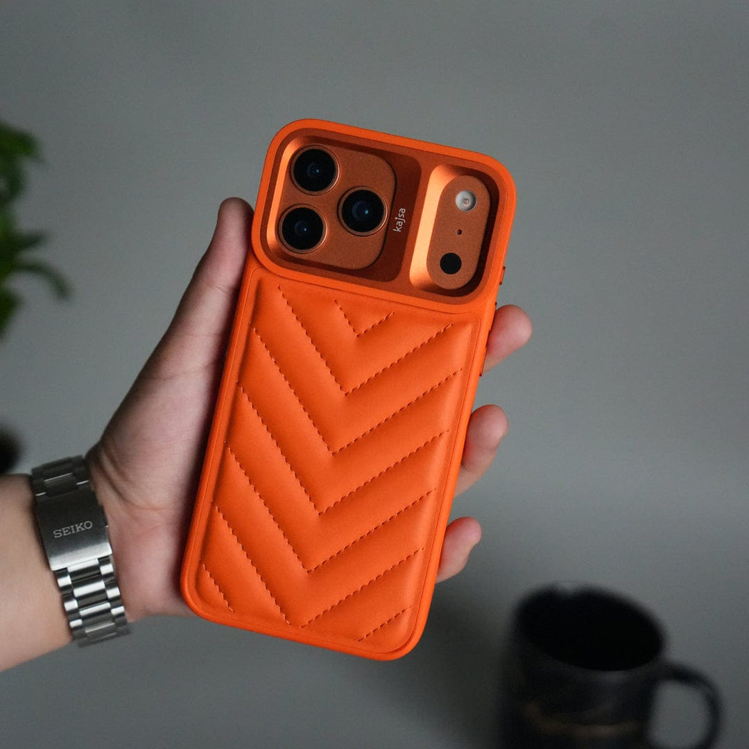 FRATO iPhone 17 Series Orange iPhone 17 Pro Max PUFF Leather Metallic Camera Frame Case Cover