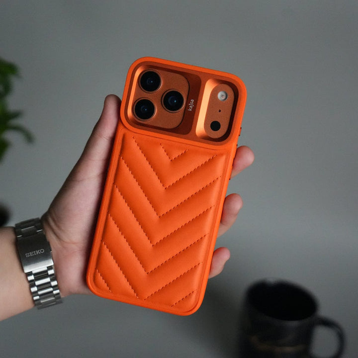 FRATO iPhone 17 Series Orange iPhone 17 Pro Max PUFF Leather Metallic Camera Frame Case Cover
