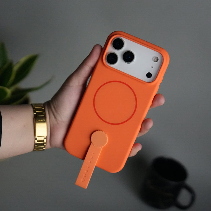FRATO iPhone 17 Series Orange iPhone 17 Pro Max Silicone Case | Magnetic Ring | Silicone Rotating Grip Strap Cover