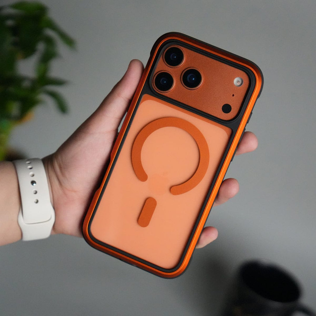 FRATO iPhone 17 Series Orange iPhone 17 Pro Max Transparent MagSafe Bumper Case | Metal Frame Shockproof Cover | Slim Crystal Clear Back