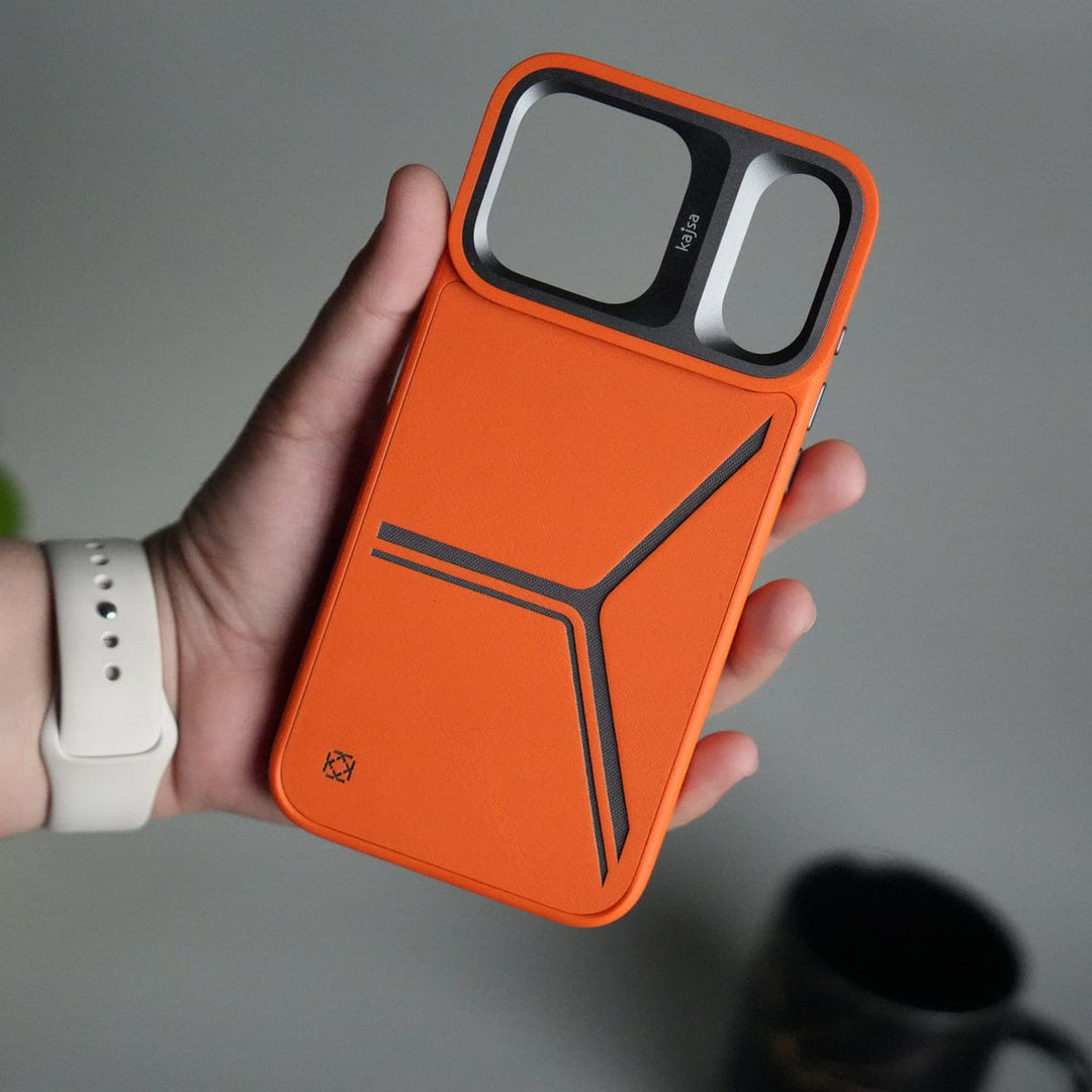 FRATO iPhone 17 Series Orange iPhone 17 Pro Tri-Strike Pattern Leather Case | Premium Luxury Back Cover with Metal Camera Frame