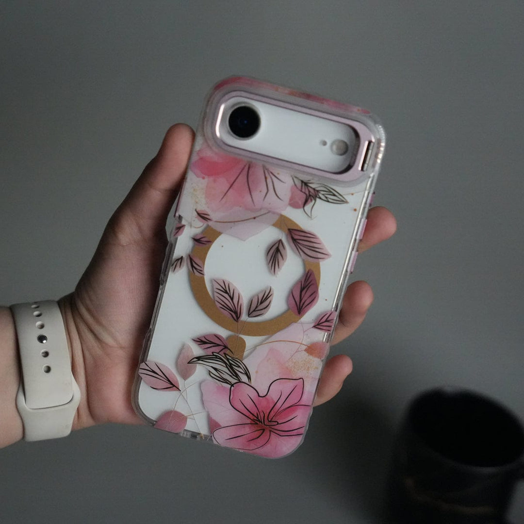 FRATO iPhone 17 Series Pink iPhone 17 Air FloraCrystal Clear Floral Design Case with Color Metal Camera Stand Frame