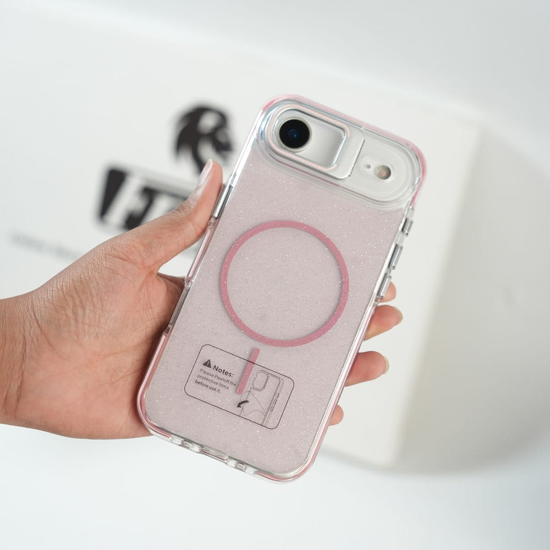 FRATO iPhone 17 Series Pink iPhone 17 Air Glitter Clear MagSafe Case | Metal Kickstand Protective Cover