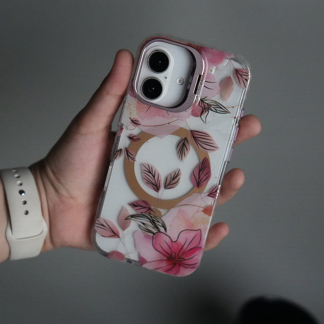 FRATO iPhone 17 Series Pink iPhone 17 FloraCrystal Clear Floral Design Case with Color Metal Camera Stand Frame