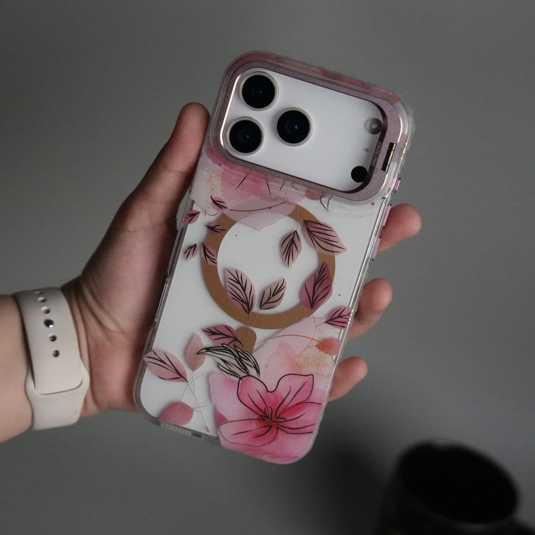 FRATO iPhone 17 Series Pink iPhone 17 Pro Max FloraCrystal Clear Floral Design Case with Color Metal Camera Stand Frame