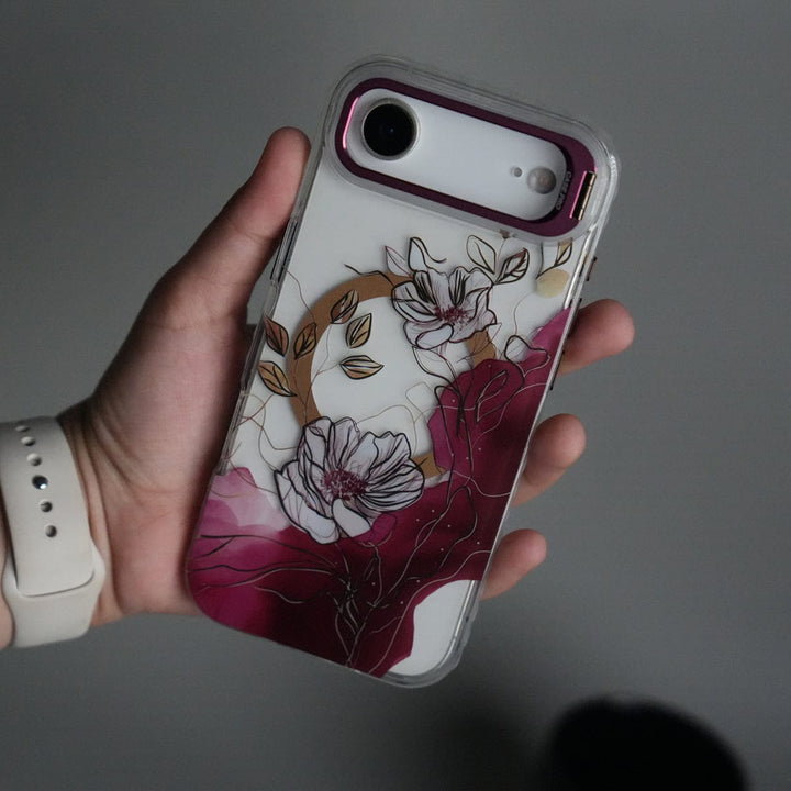 FRATO iPhone 17 Series Purple iPhone 17 Air FloraCrystal Clear Floral Design Case with Color Metal Camera Stand Frame