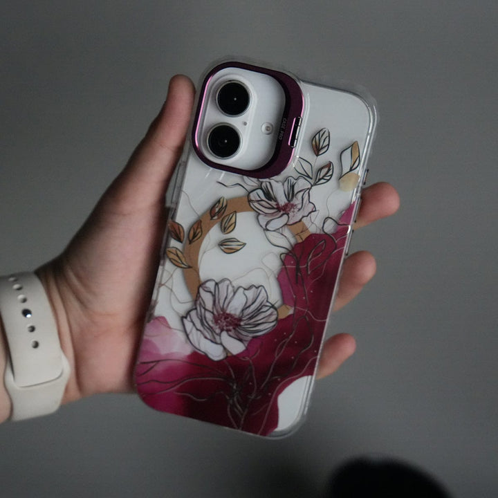FRATO iPhone 17 Series Purple iPhone 17 FloraCrystal Clear Floral Design Case with Color Metal Camera Stand Frame