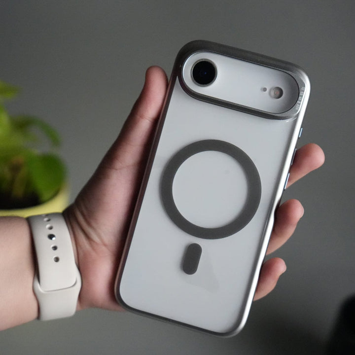 FRATO iPhone 17 Series Silver iPhone 17 Air CrystalView MagSafe Case with Metal Camera Frame Kickstand Cover