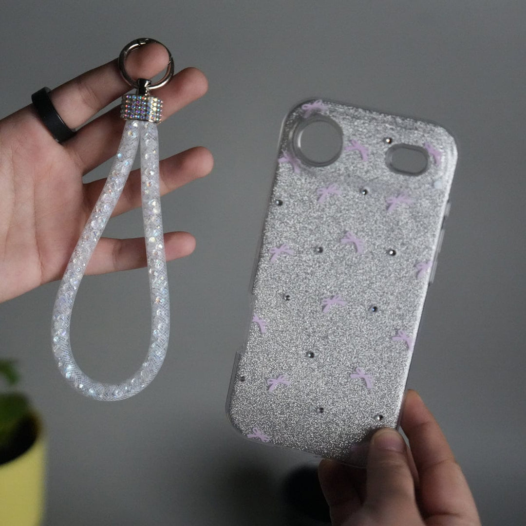 FRATO iPhone 17 Series Silver iPhone 17 Air Shimmer Bow Design Case | With Mobile Wrist Holder Charm