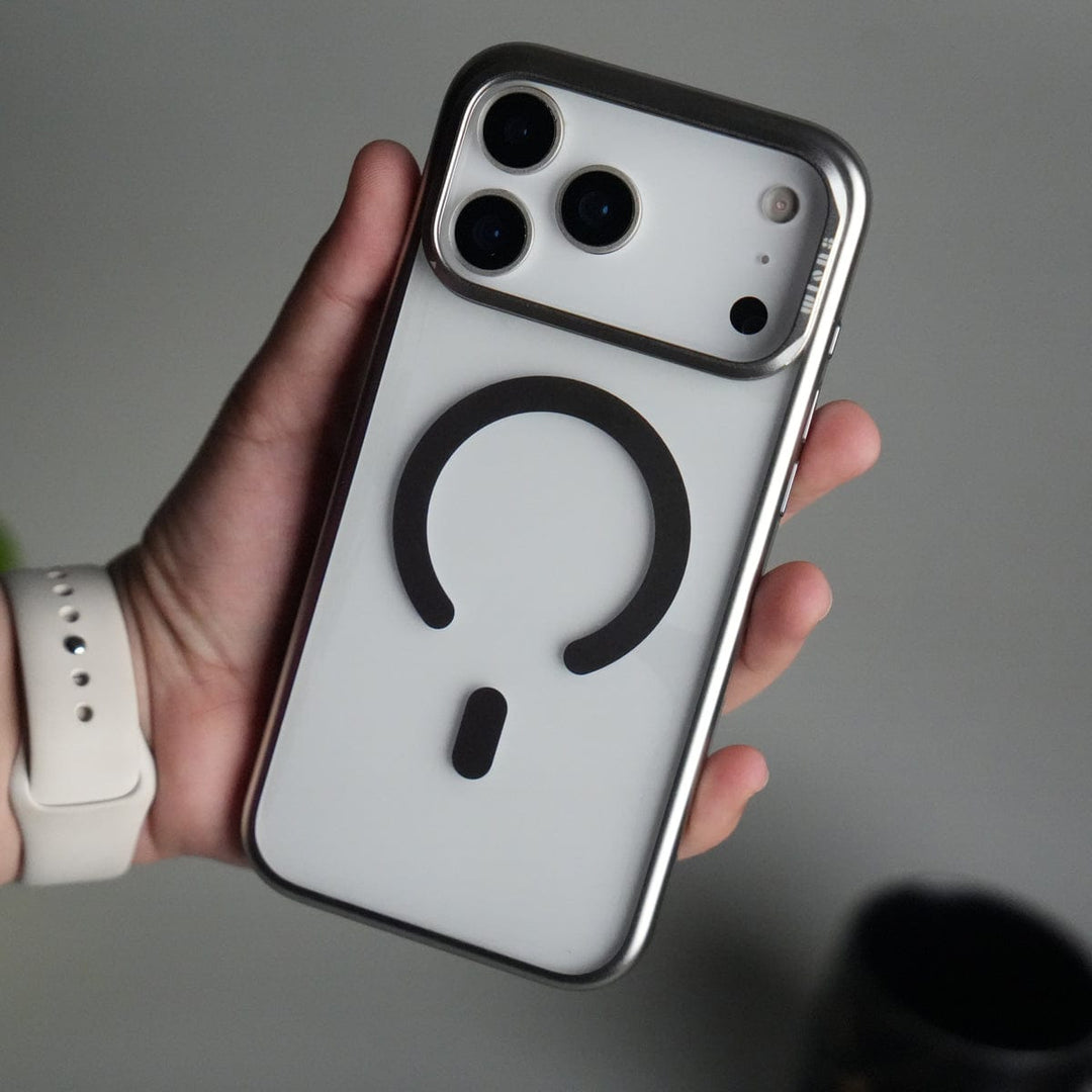 FRATO iPhone 17 Series Silver iPhone 17 Pro Max CrystalView MagSafe Case with Metal Camera Frame Kickstand Cover