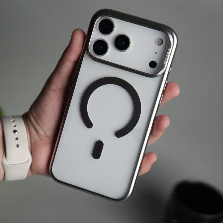FRATO iPhone 17 Series Silver iPhone 17 Pro Max CrystalView MagSafe Case with Metal Camera Frame Kickstand Cover