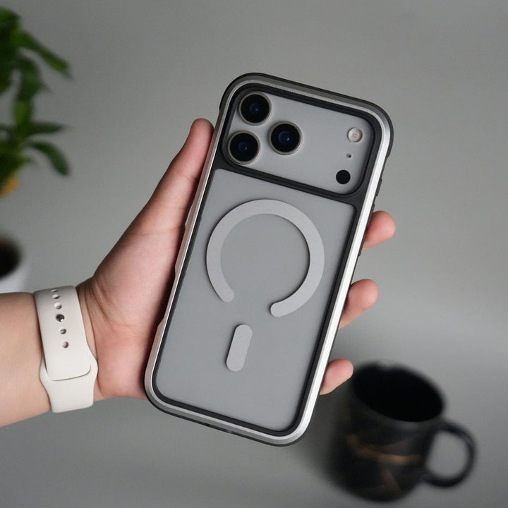 FRATO iPhone 17 Series Silver iPhone 17 Pro Max Transparent MagSafe Bumper Case | Metal Frame Shockproof Cover | Slim Crystal Clear Back