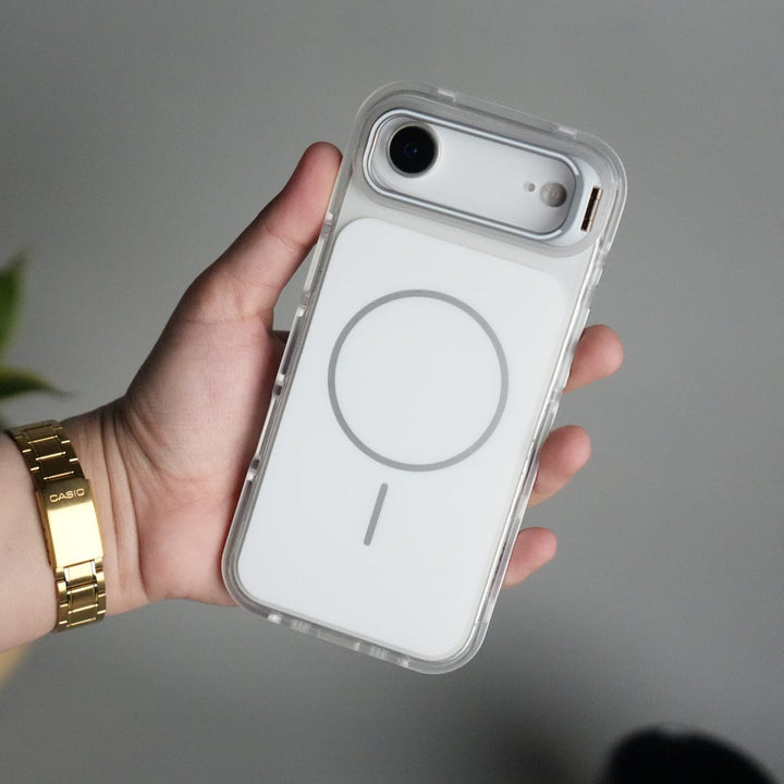 FRATO iPhone 17 Series White iPhone 17 Air MagSafe Case with Metal Camera Stand | Slim &amp; Shockproof Protection