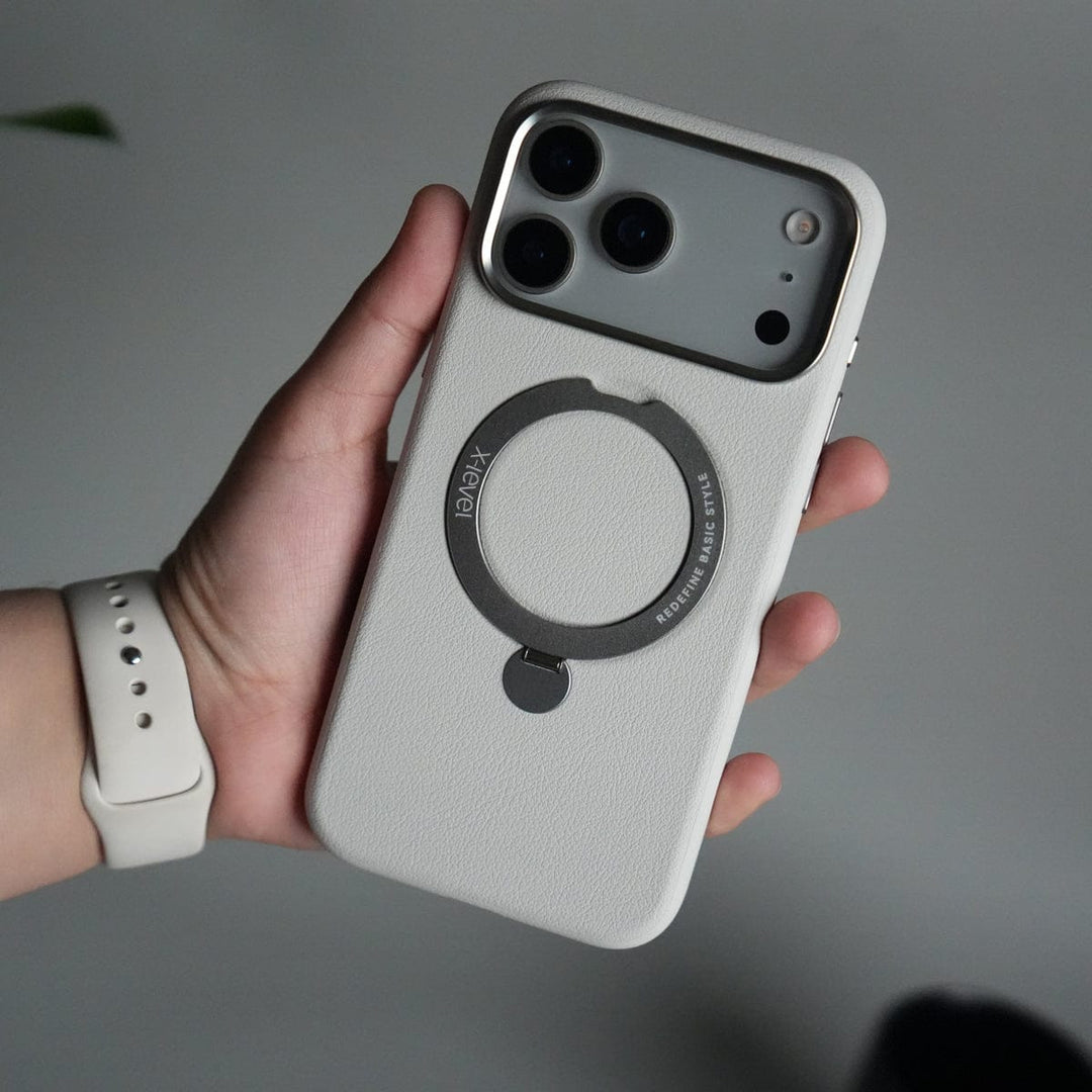 FRATO iPhone 17 Series White iPhone 17 Pro Max Premium Leather Kickstand Case | Metal Ring Stand | Shockproof Back Cover