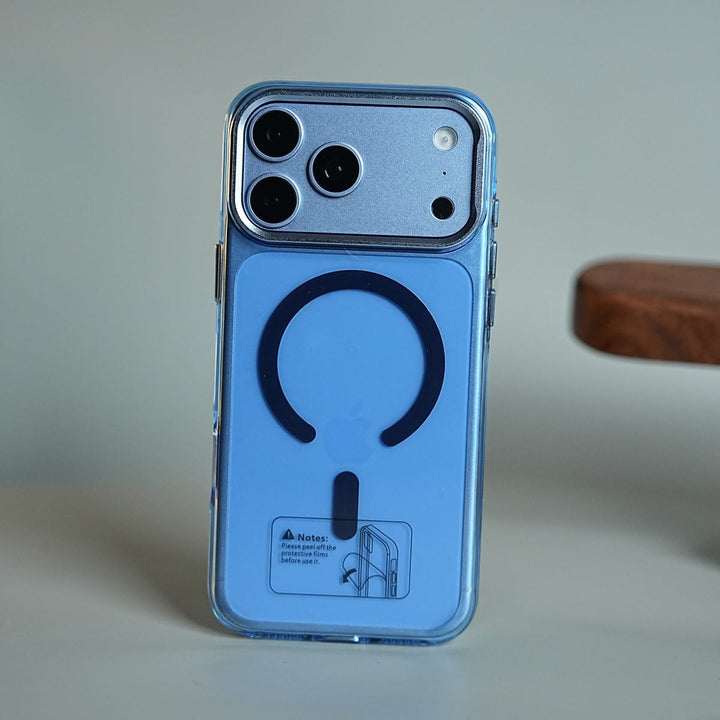 FRATO iPhone 18 Series 18 Pro Max / Blue Tinted Transparent Anti Yellow Magnetic Hard Cristal Case for iPhone 18 Series | Metal Camera Frame