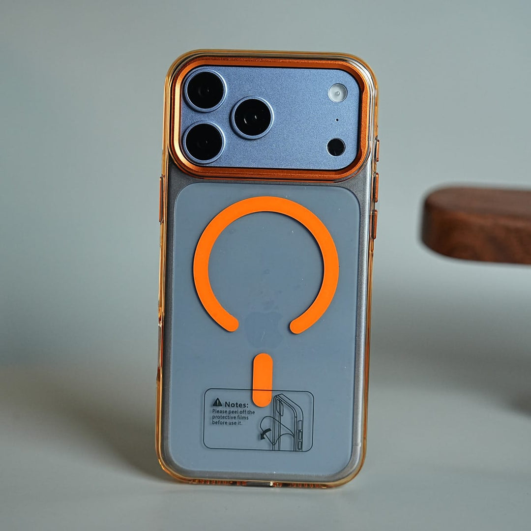 FRATO iPhone 18 Series 18 Pro Max / Orange Tinted Transparent Anti Yellow Magnetic Hard Cristal Case for iPhone 18 Series | Metal Camera Frame