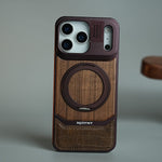 Wood Leather AeroFLex Aluminium Case for iPhone 18 Pro Max With Rotating Stand