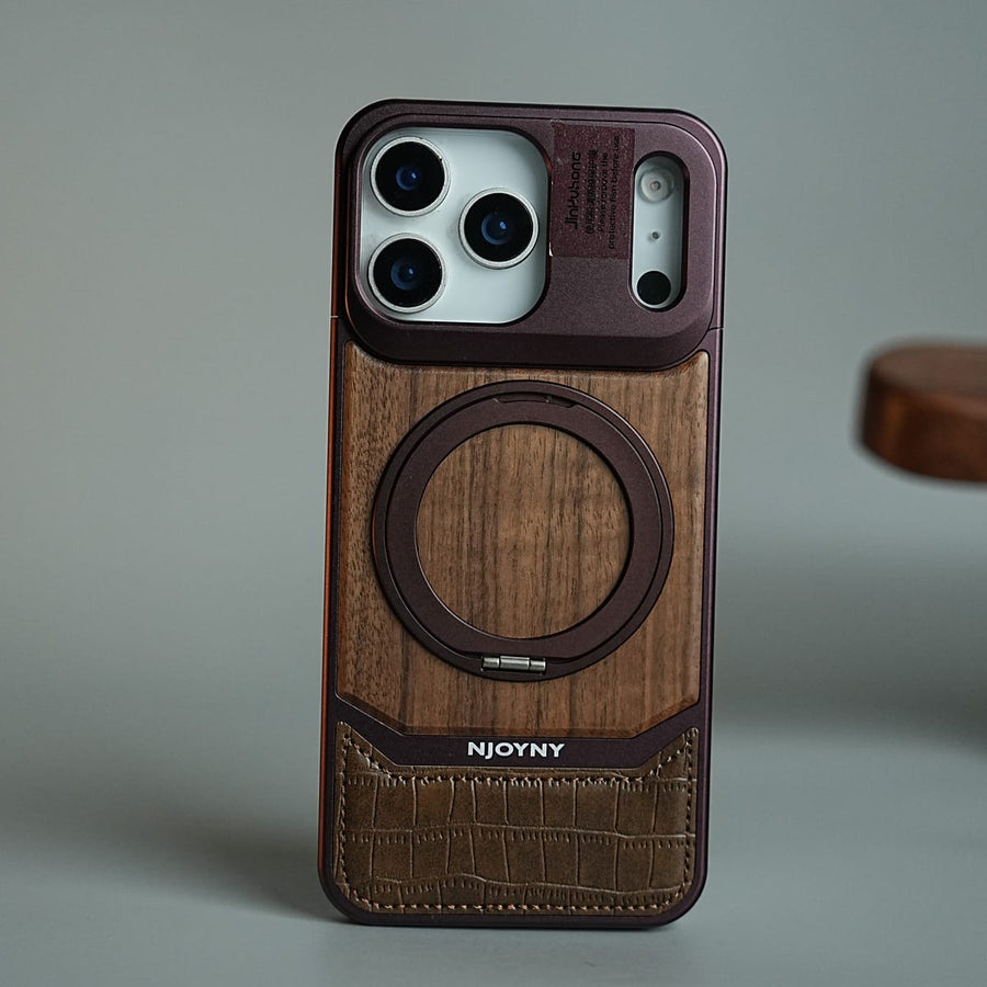 FRATO iPhone 18 Series Burgundy Wood Leather AeroFLex Aluminium Case for iPhone 18 Pro Max With Rotating Stand