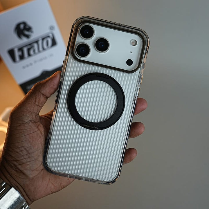 FRATO iPhone 18 Series iPhone 18 Pro / Black Ribbed Clear Case for iPhone 18 Series with Rotating Metal Stand | Protective Cover