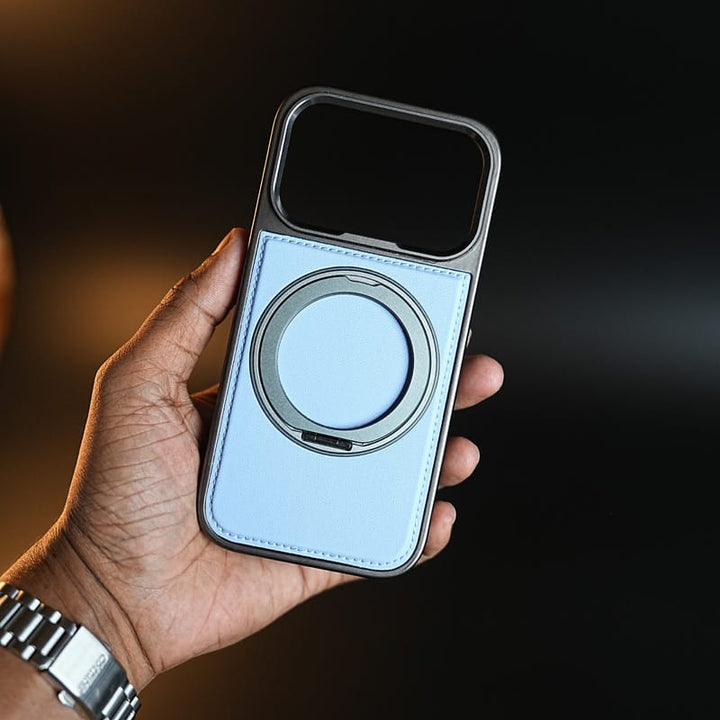 FRATO iPhone 18 Series iPhone 18 Pro / Blue PU Leather Stitch Case For iPhone 18 Series  | 360° Rotating Metal Ring Stand Cover