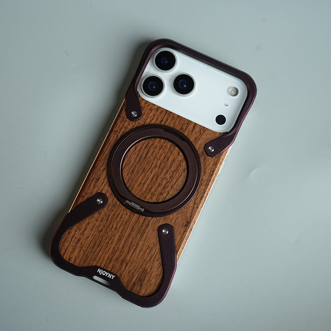 FRATO iPhone 18 Series iPhone 18 Pro / Burgundy iPhone 18 Series Frameless Wooden Aluminium Case | Premium Metal Rotating Stand | Shockproof Luxury Wood Back Cover
