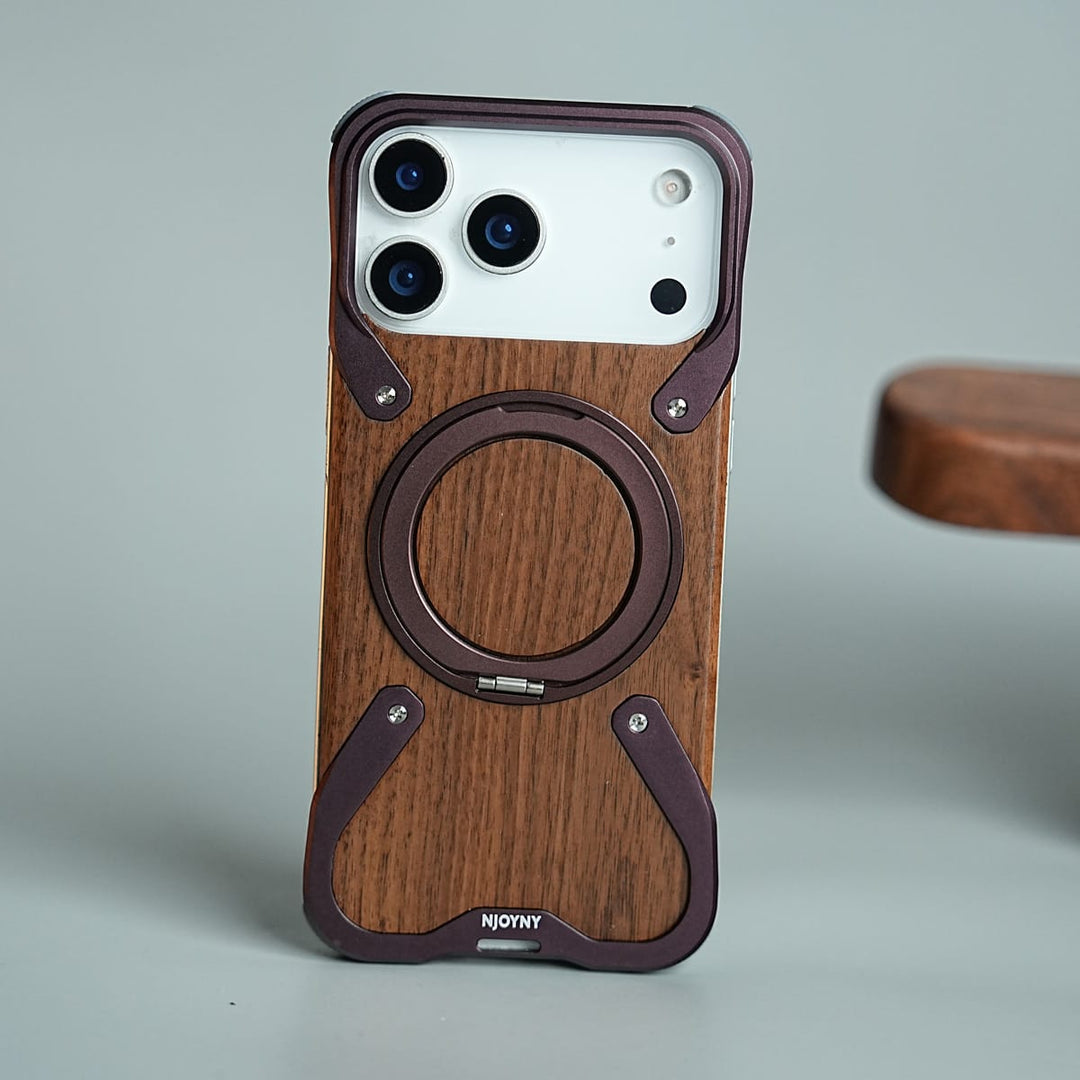 FRATO iPhone 18 Series iPhone 18 Pro Max / Burgundy iPhone 18 Series Frameless Wooden Aluminium Case | Premium Metal Rotating Stand | Shockproof Luxury Wood Back Cover