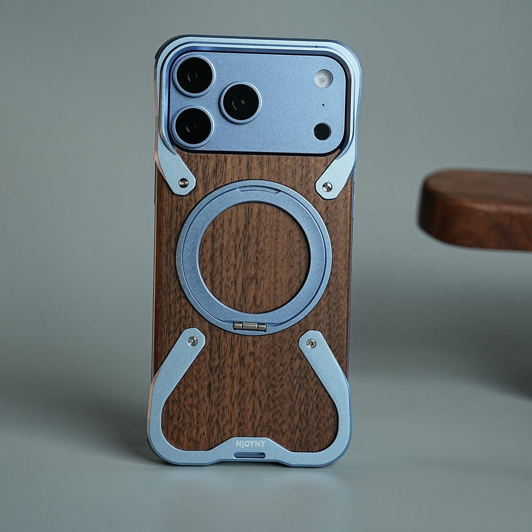 FRATO iPhone 18 Series iPhone 18 Pro Max / Sierra blue iPhone 18 Series Frameless Wooden Aluminium Case | Premium Metal Rotating Stand | Shockproof Luxury Wood Back Cover