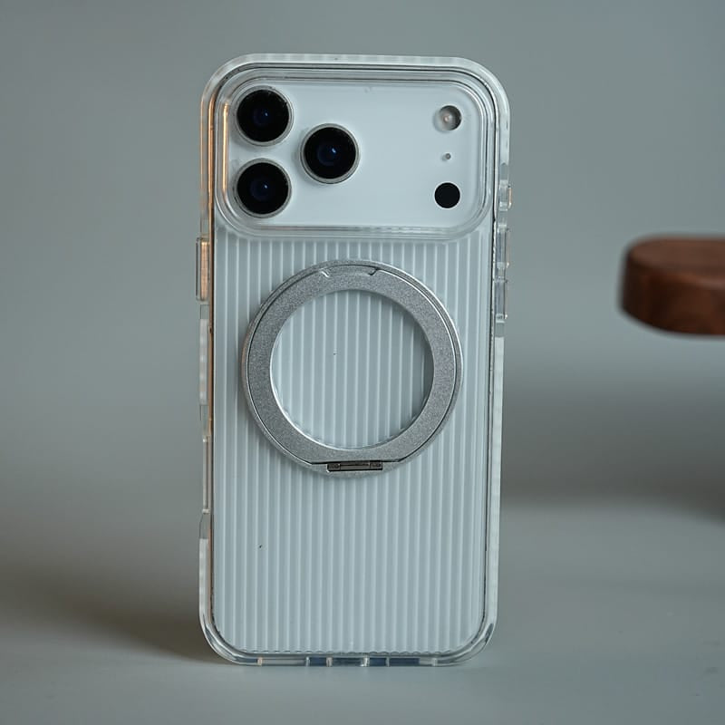 FRATO iPhone 18 Series iPhone 18 Pro Max / White Ribbed Clear Case for iPhone 18 Series with Rotating Metal Stand | Protective Cover