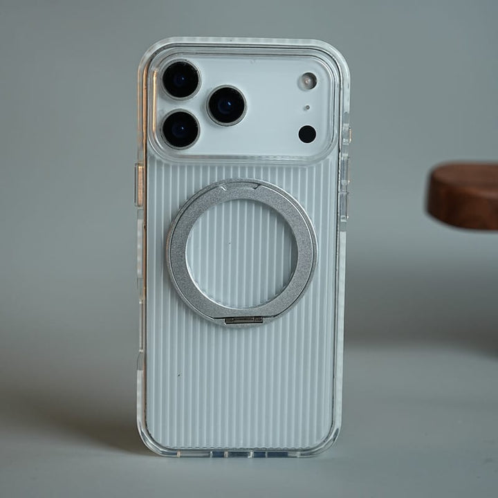 FRATO iPhone 18 Series iPhone 18 Pro Max / White Ribbed Clear Case for iPhone 18 Series with Rotating Metal Stand | Protective Cover