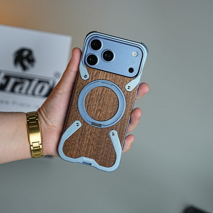 FRATO iPhone 18 Series iPhone 18 Pro / Sierra blue iPhone 18 Series Frameless Wooden Aluminium Case | Premium Metal Rotating Stand | Shockproof Luxury Wood Back Cover