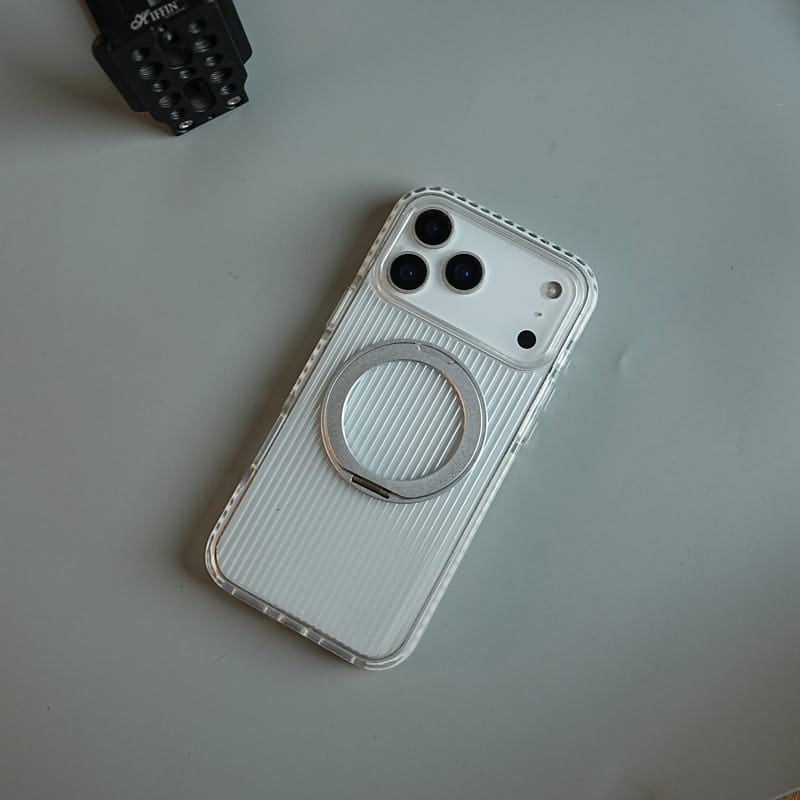FRATO iPhone 18 Series iPhone 18 Pro / White Ribbed Clear Case for iPhone 18 Series with Rotating Metal Stand | Protective Cover