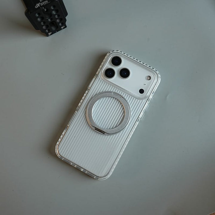 FRATO iPhone 18 Series iPhone 18 Pro / White Ribbed Clear Case for iPhone 18 Series with Rotating Metal Stand | Protective Cover
